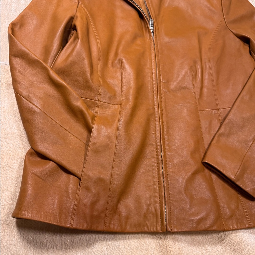 Cole Haan Brown Lambskin Leather Jacket Wing Collar Zip Front Size L - Picture 15 of 15